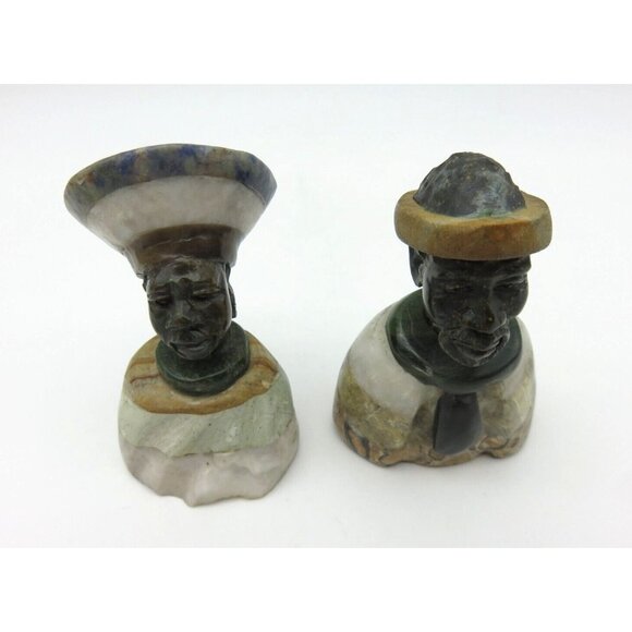 Small Stone Bust Set Colourful Hand Carved in Zimbabwe Africa 3.5" and 3.1" Tall - Picture 5 of 8